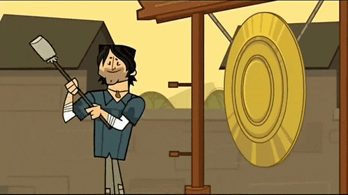 a cartoon of a man holding a shovel standing next to a gong