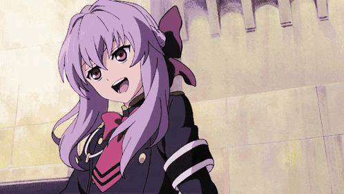 a girl with purple hair and a red bow on her hair