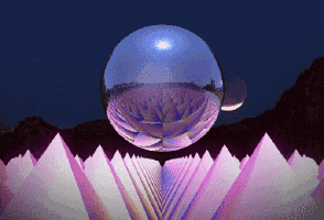 a computer generated image of a sphere with a reflection of a mountain in it