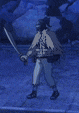a man is holding a sword in a video game while walking .