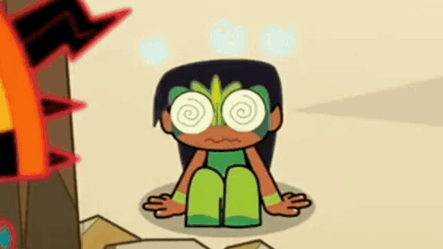 a cartoon character is sitting on the ground with a spiral in her eyes .