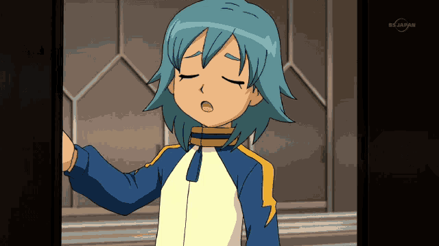 a boy with blue hair is on a tv screen that says bs japan on the bottom