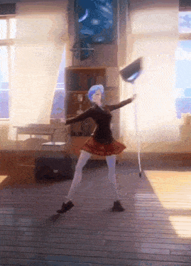 a girl with blue hair is dancing in a room holding a hat