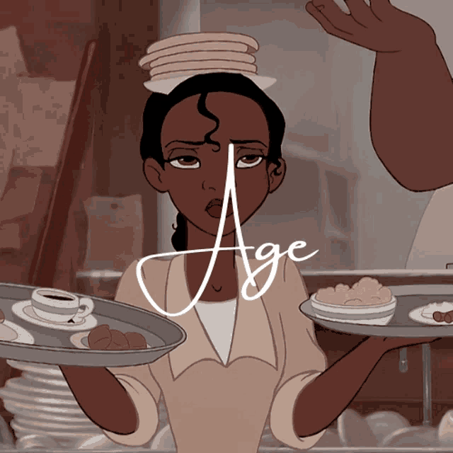 a cartoon of a woman holding a tray of food with the word age written below her