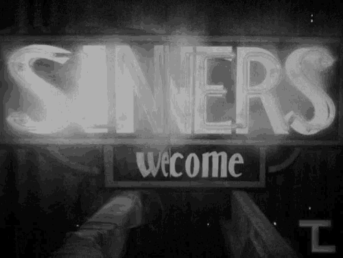 a sign that says sinners welcome is lit up in the dark