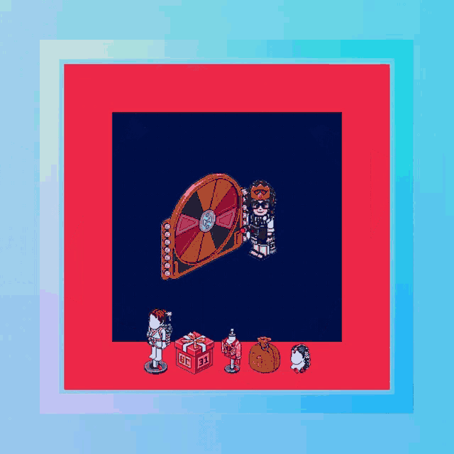 a pixel art of a skeleton holding a spinning wheel