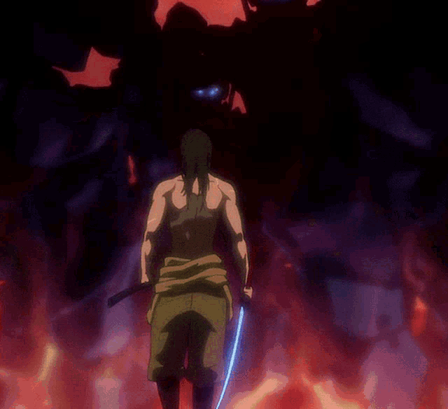 a man holding a sword is standing in front of a monster