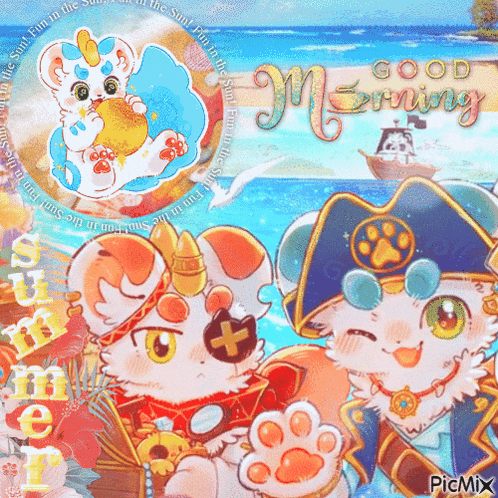 a picture of a cat and a pirate with the words good morning