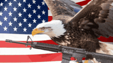 a bald eagle is holding a rifle in front of an american flag