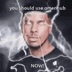 a man with a lightning bolt behind him and the words `` you should use omenhub now ''