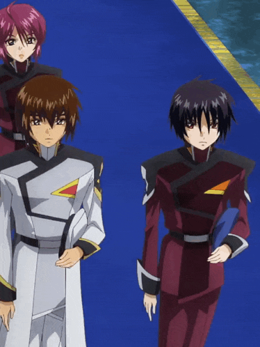 three anime characters standing next to each other on a blue carpet