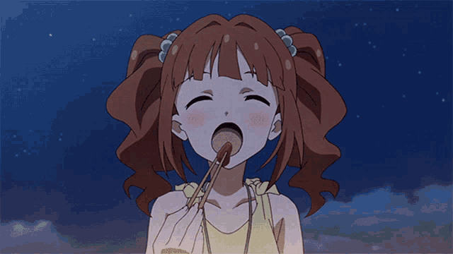 a girl with red hair and blue eyes is holding chopsticks