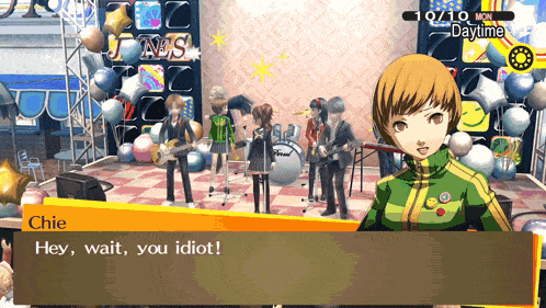 a video game character says " hey wait you idiot " while standing in front of a band