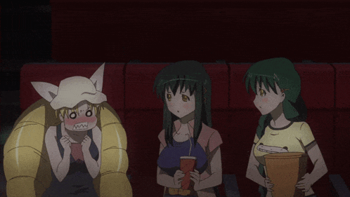 three anime girls are standing in a dark room
