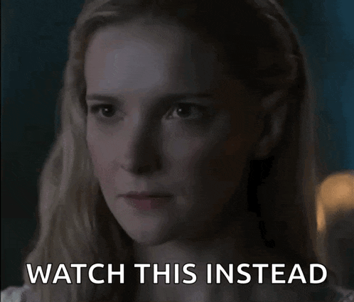a woman says " watch this instead " in front of a dark background