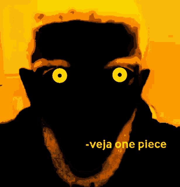 a drawing of a man with yellow eyes and the words " veja jampi piece " below it