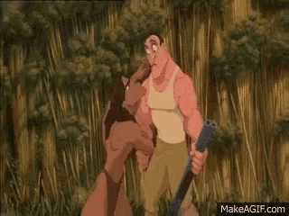 a group of cartoon characters standing next to each other in a forest .