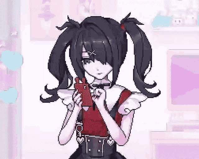 a pixel art of a girl holding a cell phone in her hands .