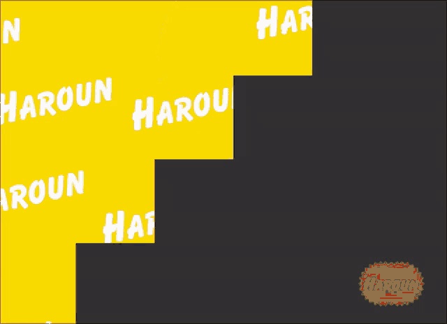 a cartoon character is upside down on a yellow background with the word haroun on the bottom