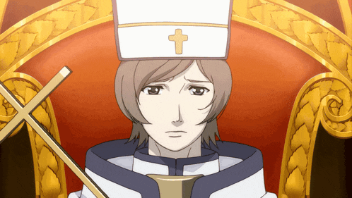 a man in a white hat with a cross on it sits in a chair
