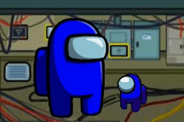 a blue among us character is standing next to a smaller blue character .