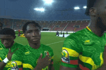 a man wearing a green and yellow jersey with a lion on it is standing on a soccer field