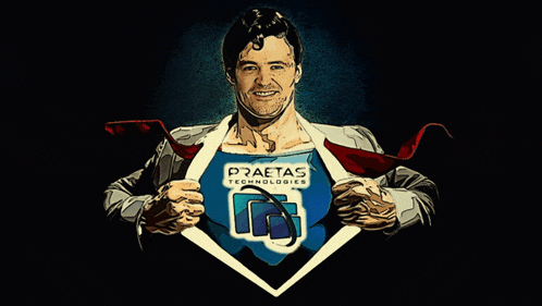 a man in a superhero costume is wearing a blue shirt that says firmas technologies