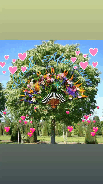 a fan with flowers on it is surrounded by hearts and the word amore