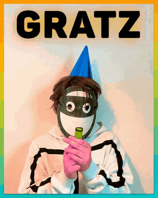 a poster for gratz shows a person wearing a party hat and holding a bottle