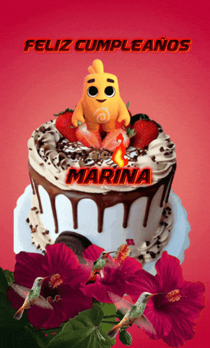 a feliz cumpleanos marina greeting card with a cake and flowers