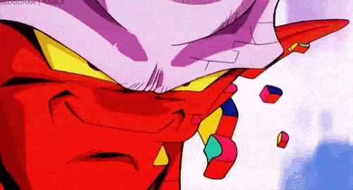 a close up of a cartoon character 's face with a purple background and a few cubes coming out of it .