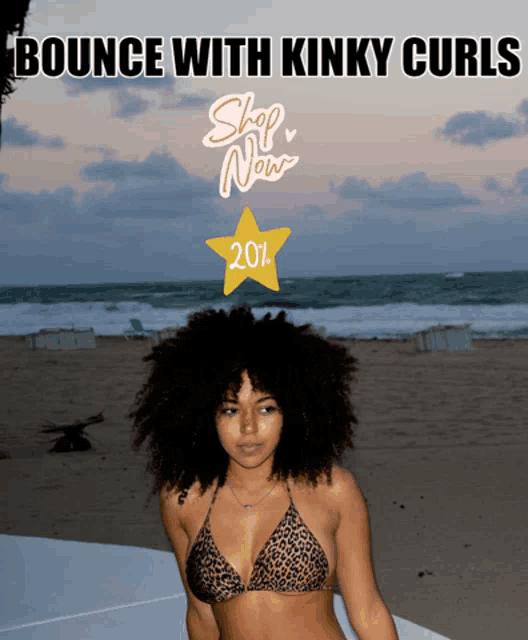 a woman in a bikini stands on a beach with the words bounce with kinky curls
