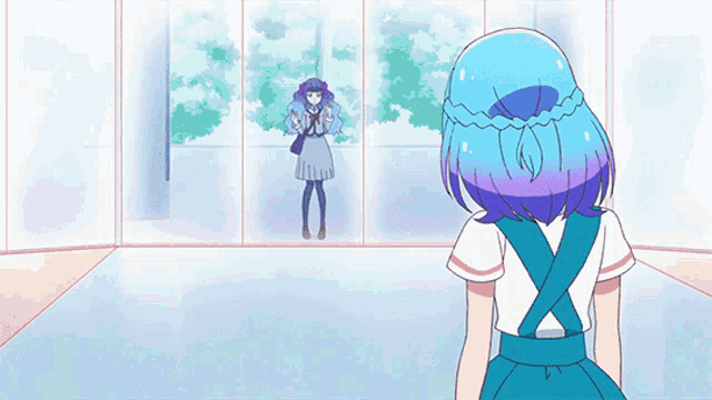 a girl with blue hair is standing in front of a large window