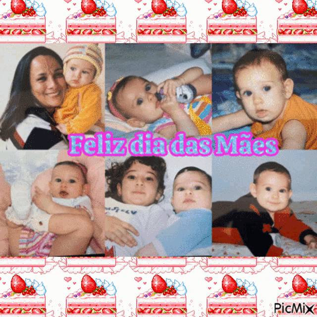 a collage of baby pictures with the words feliz dia das mães on the top