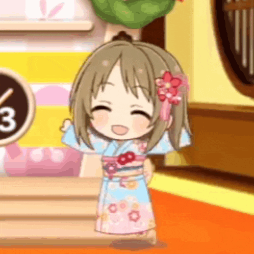 a little girl in a kimono is standing in front of a clock .