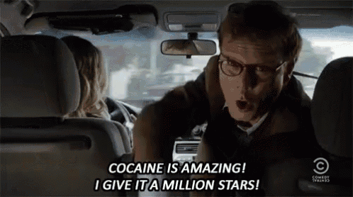 a man in a car says cocaine is amazing and give it a million stars