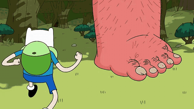 a cartoon character is running away from a giant red foot
