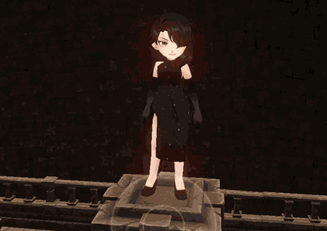 a girl in a black dress and gloves is standing on a brick platform