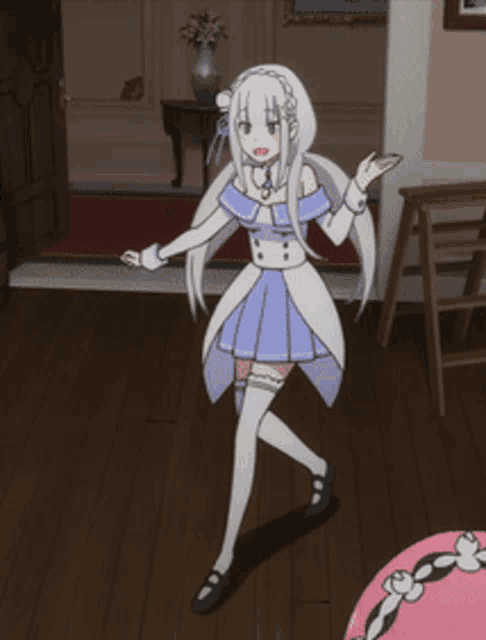 a girl with white hair and a blue dress is dancing in a room