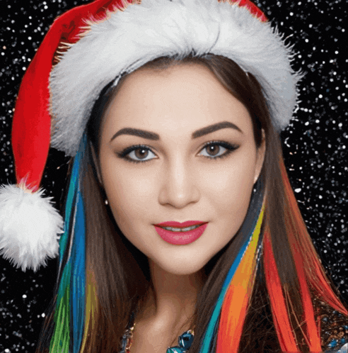 a woman wearing a santa hat and rainbow hair extensions