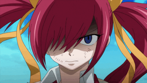 a close up of a red haired anime character with a blue eye