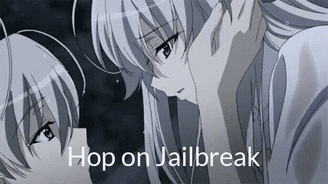 a couple of anime characters with the words hop on jailbreak written below them