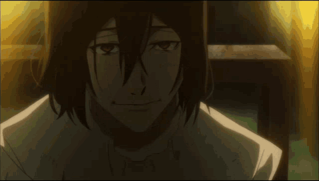 a close up of a person 's face with red eyes and a white shirt on