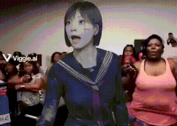a group of people are standing around a cardboard cutout of a girl .