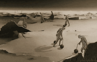 a black and white painting of a group of people with striped clothes