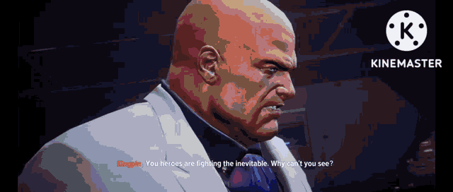 a bald man in a suit and tie is talking to another bald man in a suit and tie in a video game .