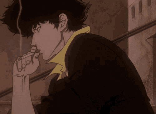 a cowboy bebop character is smoking a cigarette outside