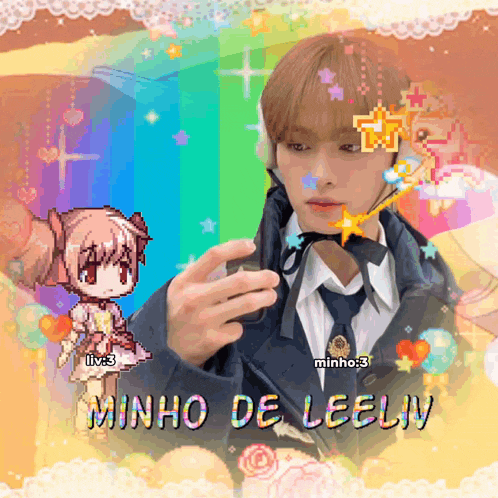 a pixel art of minho de leeliv taking a selfie with a girl