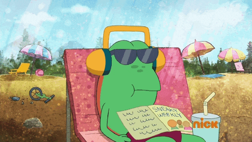 a frog is reading sneaky weekly on a beach