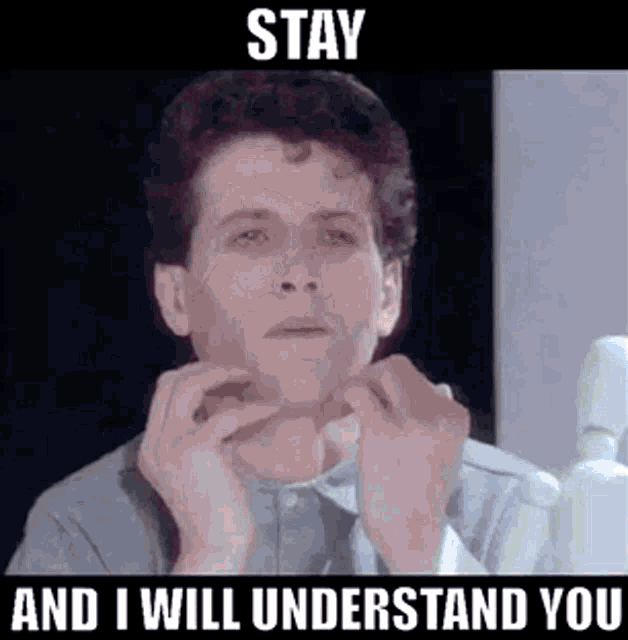 a man is making a funny face with the words `` stay and i will understand you '' written above him .